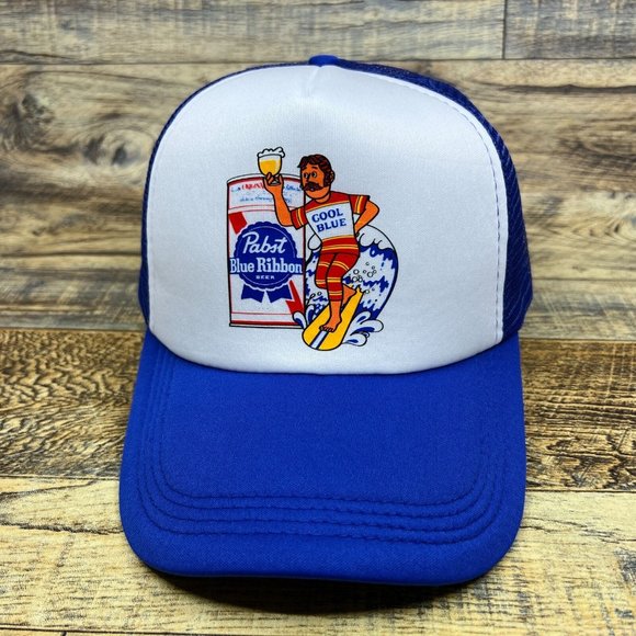 Pabst Blue Ribbon Mens Trucker Hat Blue Snapback Wakeboard Surf 70s Baseball Cap - Picture 2 of 8